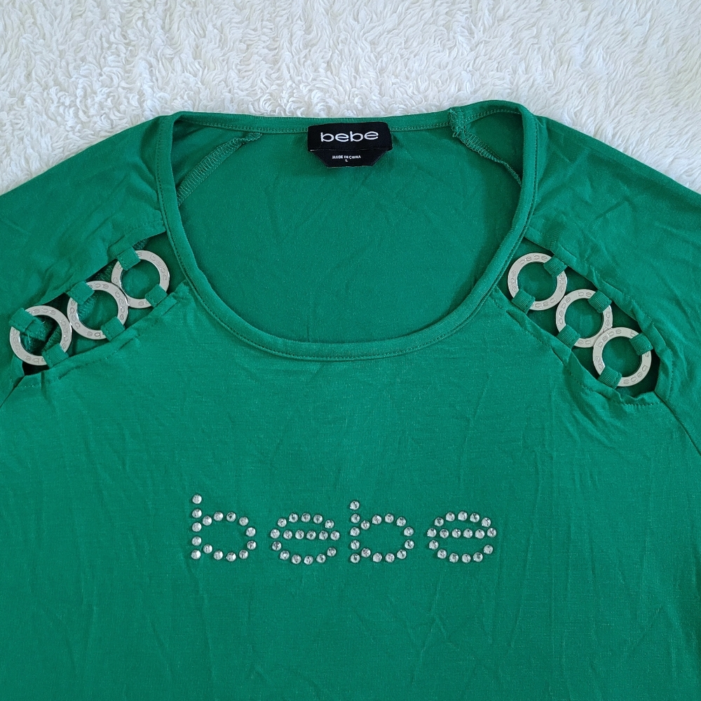 bebe Green💚 Top With Triple3️⃣ Silver🤍 Rings Detail - NWT - Picture 3 of 16